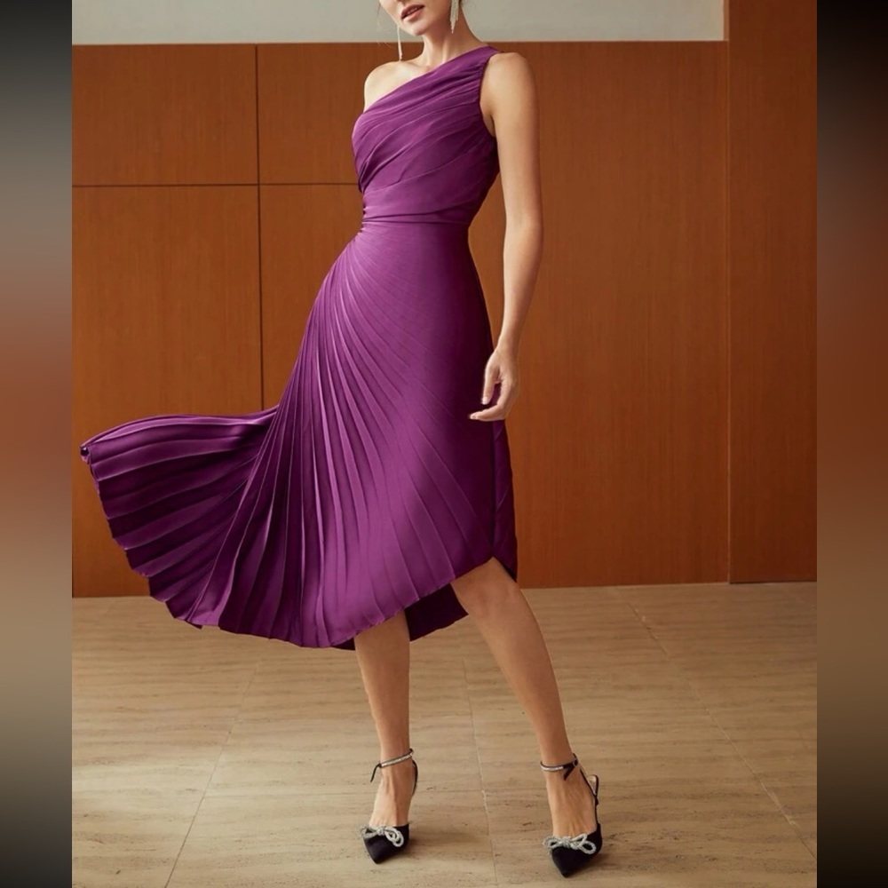 Elegant One-Shoulder Purple Pleated Wedding Guest Dress